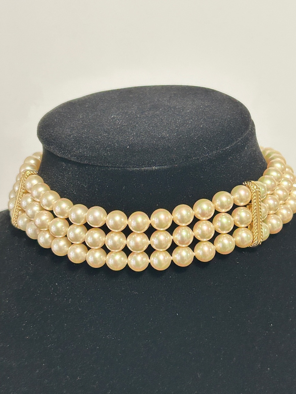 Classic Three-Strand Pearl Choker with Gold Accent - Ivory